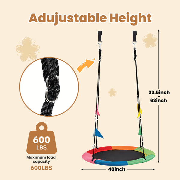 Sweetcrispy 40" Kids Saucer Swing, Adjustable Rope, 440lb Capacity, 600D Oxford Fabric, Outdoor Tree Swing with 4 Detachable Flags