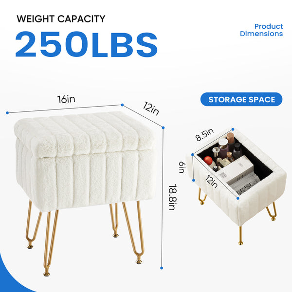 Sweetcrispy Vanity Stool Chair with 4 Metal Legs Anti-Slip Adjustable Feet, Faux Fur Seat, Storage Space