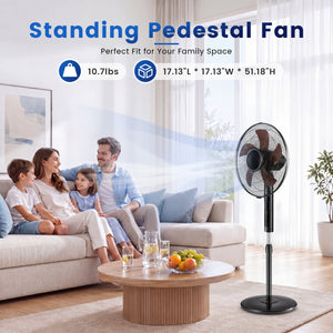 Sweetcrispy 16" Pedestal Fan with Remote, 3-Speed, 80° Oscillating, Height Adjustable, 15H Timer, Quiet Energy-Efficient
