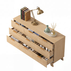 Sweetcrispy Modern Fluted 9-Drawer Dresser, Wide Wood Chest with Metal Handles, Natural Oak