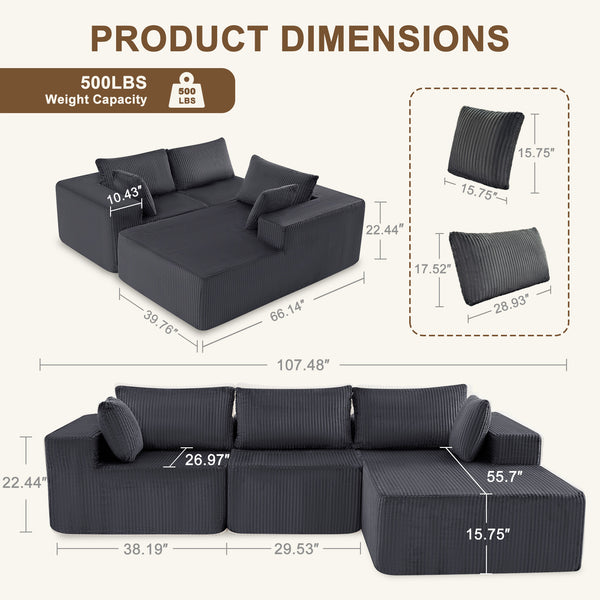 Sweetcrispy 108" Modern Modular Couch Sectional Sofa for Living Room