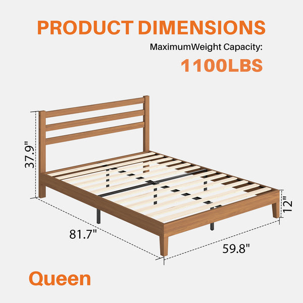 Sweetcrispy Basic Natural Solid Wood Platform Bed Frame with Headboard