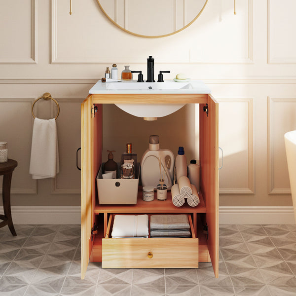 Sweetcrispy 24-Inch Bathroom Vanity with Sink, Double Doors, Natural Wood Style