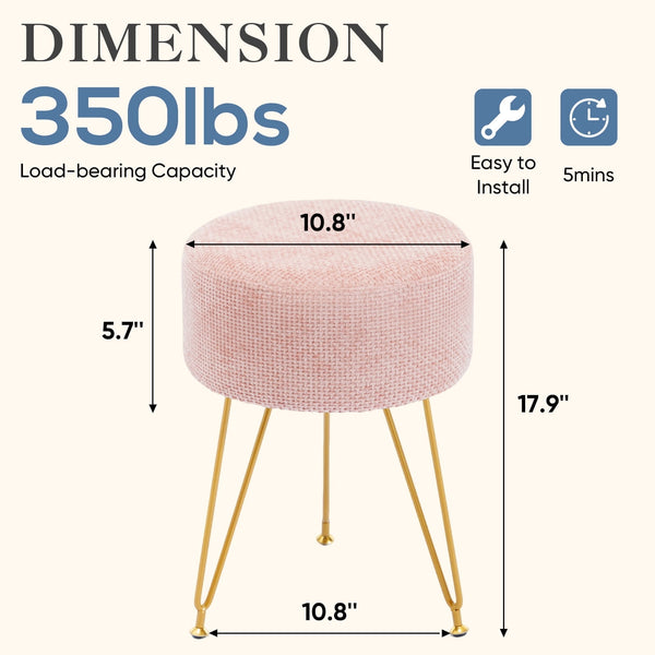 Sweetcrispy Ottoman Vanity Stool, Round Cushioned Seat with Gold Legs, Multi-Functional Footrest & Vanity Chair for Bedroom & Living Room