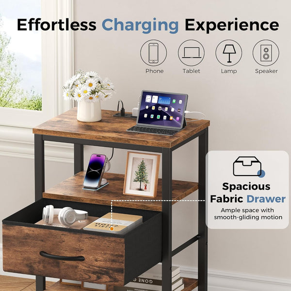 Sweetcrispy Adult 1-Drawer Nightstand with Charging Station, USB & Type-C Ports, Metal Frame
