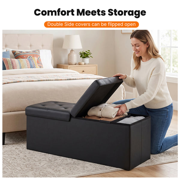 Sweetcrispy Storage Ottoman Bench with Dual Flip Lid, Faux Leather Entryway Bench for Living Room and Bedroom