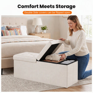Sweetcrispy Storage Ottoman Bench with Dual Flip Lid, Faux Leather Entryway Bench for Living Room and Bedroom
