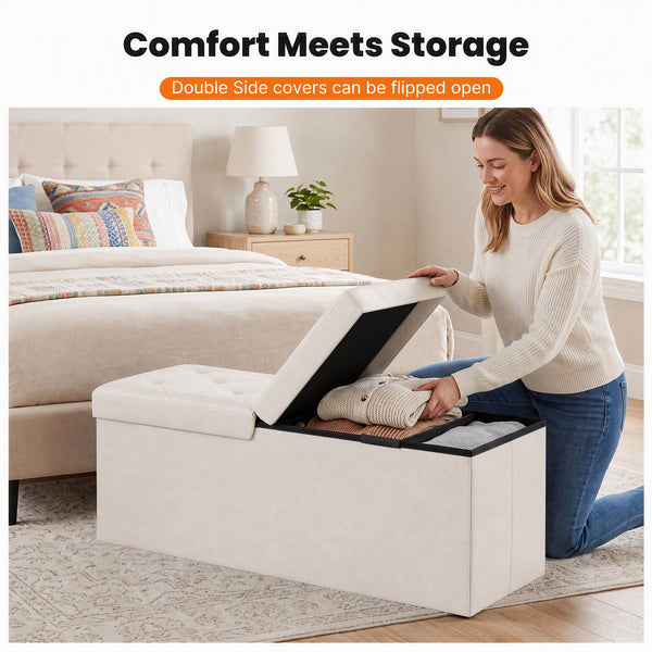 Sweetcrispy Storage Ottoman Bench with Dual Flip Lid, Faux Leather Entryway Bench for Living Room and Bedroom