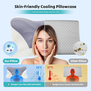 SWEETCRISPY Queen Size Cervical Neck Pillow, Memory Foam with Ice Silk Cover, Ergonomic Contour Design, Cooling & Breathable