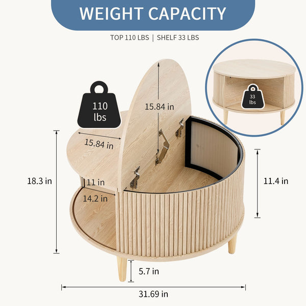 Sweetcrispy Round Flip-Top Coffee Table with Storage, Wood-Look Finish