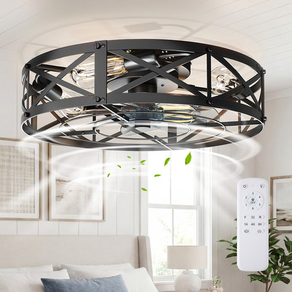 Sweetcrispy Farmhouse Caged Ceiling Fan with Light Flush Mount Fandelier Remote Dimmable LED for Bedroom Living Room Kitchen