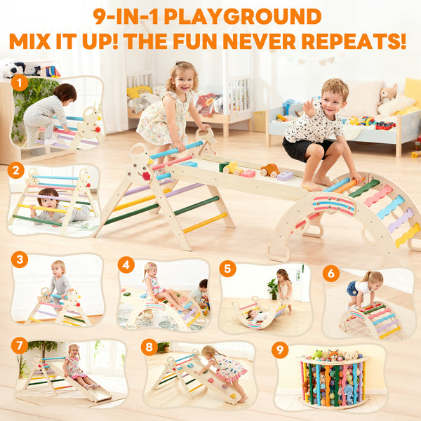 Sweetcrispy 9-in-1 Foldable Wooden Montessori Toddler Climbing Playset for Kids