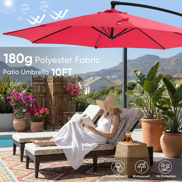 Sweetcrispy 10ft Cantilever Patio Umbrella for Garden, Backyard, Poolside With Base / Red