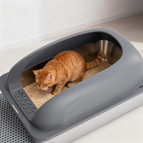 Sweetcrispy Stainless Steel Cat Litter Box with Scoop & Double-Layer Mat