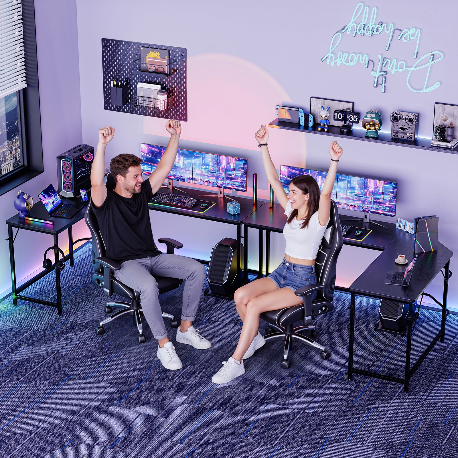 Sweetcrispy L-shaped Computer Desk with CPU Stand and Side Hooks