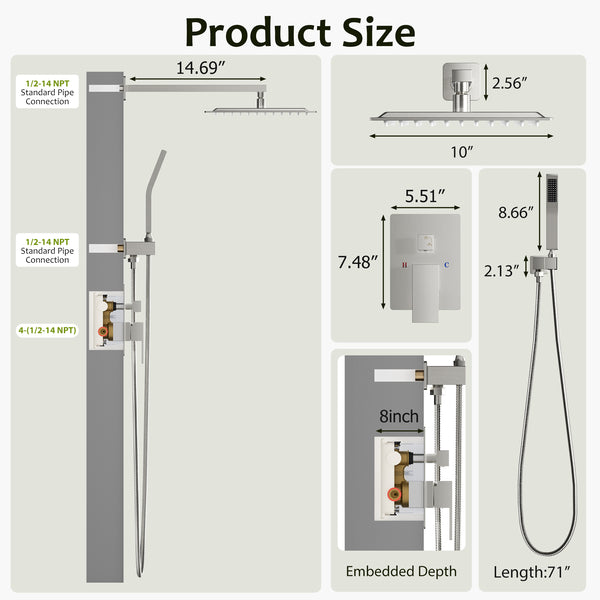 Sweetcrispy 304 Stainless Steel Wall Mount Shower Head and Handle Set, Anti-Rust, 360° Adjustable, Pressure Balanced, Temp Stable, High Flow Luxury Trim Kit‌