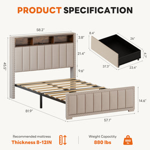 Sweetcrispy Upholstered Bed Frame with 4 Storage Drawers, Headboard, and Power Outlets