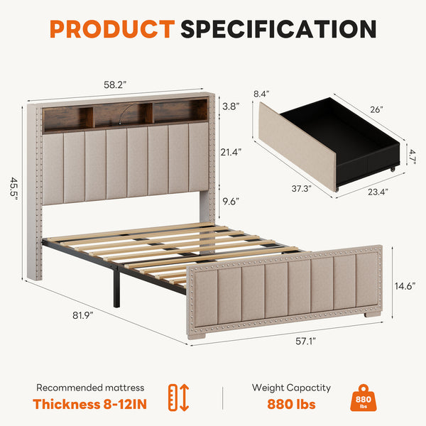 Sweetcrispy Upholstered Bed Frame with 4 Storage Drawers, Headboard, and Power Outlets
