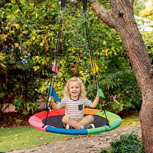 Sweetcrispy 40" Kids Saucer Swing, Adjustable Rope, 440lb Capacity, 600D Oxford Fabric, Outdoor Tree Swing with 4 Detachable Flags
