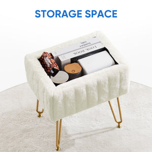 Sweetcrispy Vanity Stool Chair with 4 Metal Legs Anti-Slip Adjustable Feet, Faux Fur Seat, Storage Space