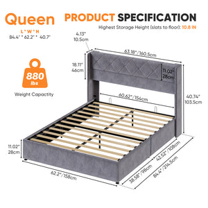 Sweetcrispy Velvet Upholstered Gas-Lift Bed Frame with Storage Space for Bedroom