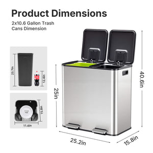 Sweetcrispy Double-Bin Stainless Steel Trash Can with Lid