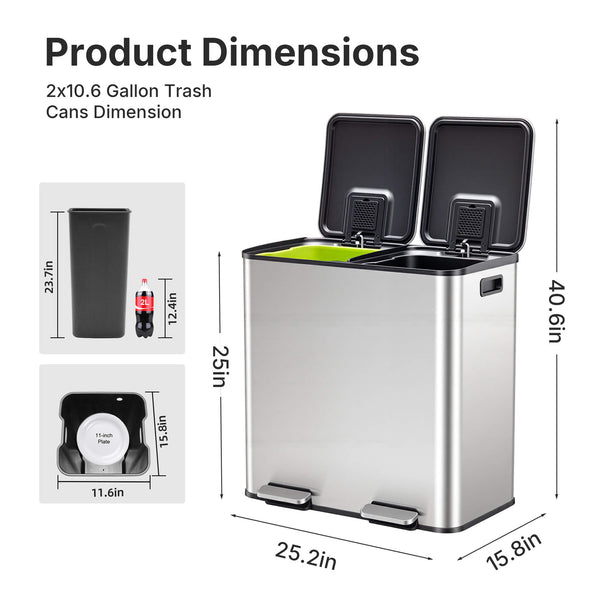 Sweetcrispy Double-Bin Stainless Steel Trash Can with Lid