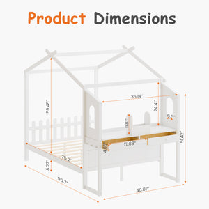 Sweetcrispy Wooden House Bed Frame with built-in Desk for Children, White