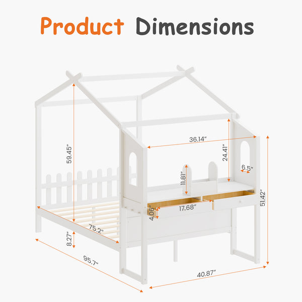 Sweetcrispy Wooden House Bed Frame with built-in Desk for Children, White