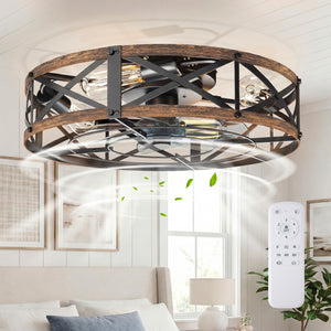Sweetcrispy Farmhouse Caged Ceiling Fan with Light Flush Mount Fandelier Remote Dimmable LED for Bedroom Living Room Kitchen