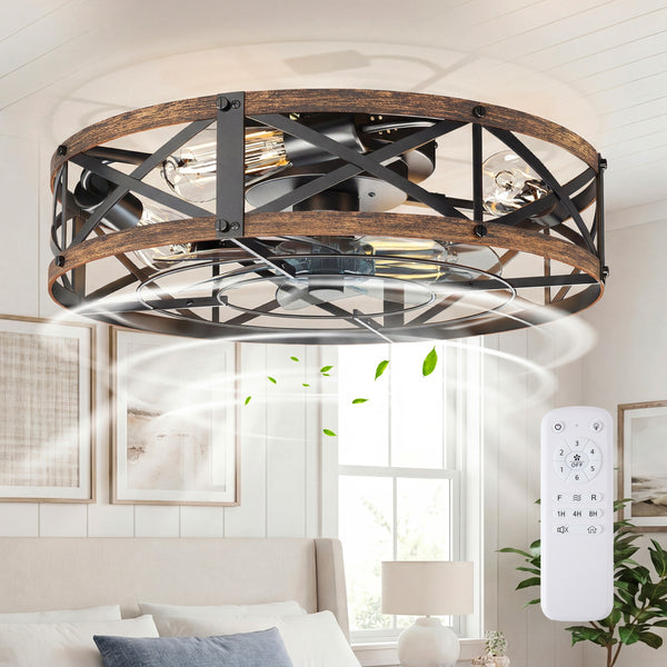 Sweetcrispy Farmhouse Caged Ceiling Fan with Light Flush Mount Fandelier Remote Dimmable LED for Bedroom Living Room Kitchen