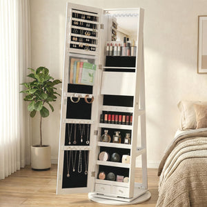 Sweetcrispy 360° Rotating Jewelry Cabinet with Round Rolling Swivel Base, Built-in Bright LED Lights, Large Capacity Space-Saving Vertical Jewelry Armoire