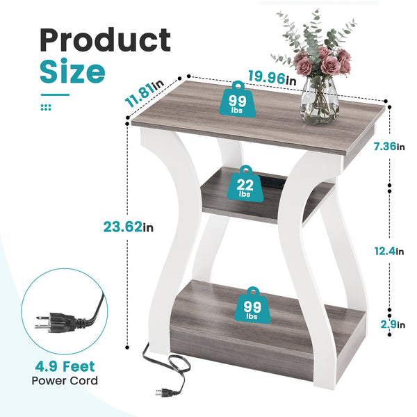 Sweetcrispy 3-Tier End Table with Charging Station for Living Room & Bedroom