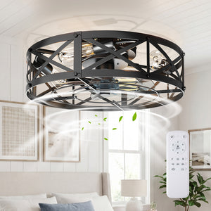 Sweetcrispy Farmhouse Caged Ceiling Fan with Light Flush Mount Fandelier Remote Dimmable LED for Bedroom Living Room Kitchen