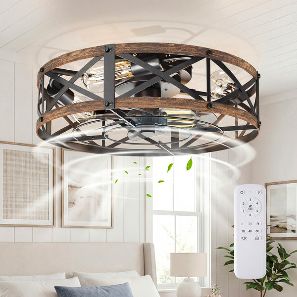 Sweetcrispy Farmhouse Caged Ceiling Fan with Light Flush Mount Fandelier Remote Dimmable LED for Bedroom Living Room Kitchen