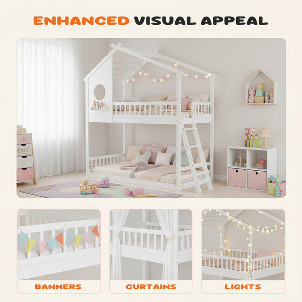 Sweetcrispy Low-Profile Twin House Bunk Bed with Side Ladder and Built-In Shelf