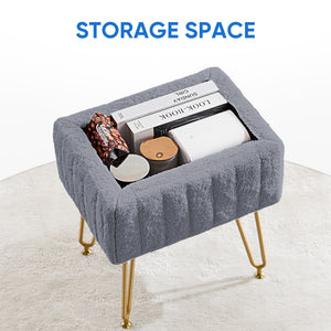 Sweetcrispy Vanity Stool Chair with 4 Metal Legs Anti-Slip Adjustable Feet, Faux Fur Seat, Storage Space