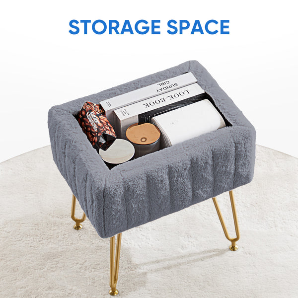 Sweetcrispy Vanity Stool Chair with 4 Metal Legs Anti-Slip Adjustable Feet, Faux Fur Seat, Storage Space