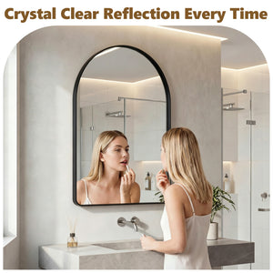 Sweetcrispy Arched-Top Rectangular Wall-Mounted Mirror – Aluminum Frame, HD Tempered Glass, Perfect for Bathroom, Bedroom & Living Room