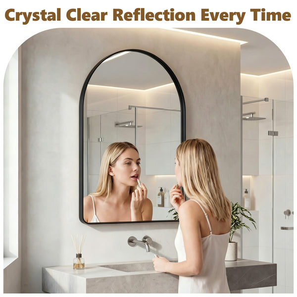 Sweetcrispy Arched-Top Rectangular Wall-Mounted Mirror – Aluminum Frame, HD Tempered Glass, Perfect for Bathroom, Bedroom & Living Room