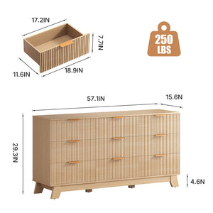 Sweetcrispy Modern Fluted 9-Drawer Dresser, Wide Wood Chest with Metal Handles, Natural Oak