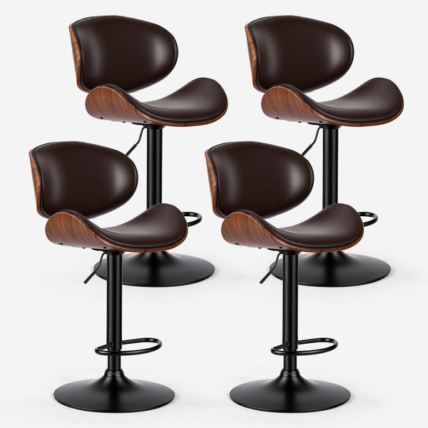 Sweetcrispy Adjustable Bentwood Bar Stools with PU Leather Upholstery and Footrest-Set of 2