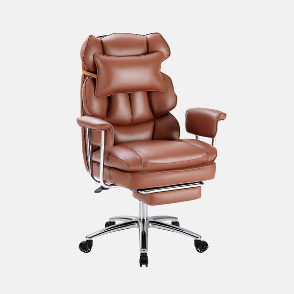 Ergonomic high-back leather office chair in white with padded headrest and armrests, chrome base and wheels.