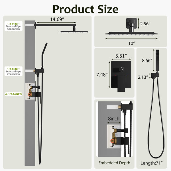Sweetcrispy 304 Stainless Steel Wall Mount Shower Head and Handle Set, Anti-Rust, 360° Adjustable, Pressure Balanced, Temp Stable, High Flow Luxury Trim Kit‌