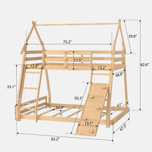 Sweetcrispy Bunk Bed Twin Over Full with Climbing Net & Ramp, Wooden Roof for Kids’ Bedroom