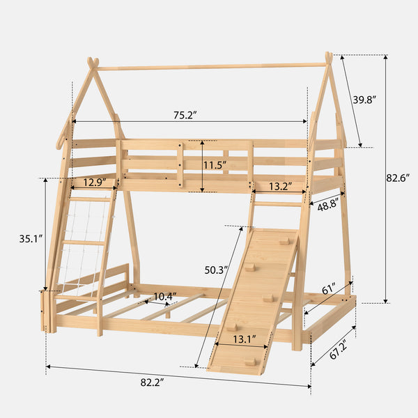 Sweetcrispy Bunk Bed Twin Over Full with Climbing Net & Ramp, Wooden Roof for Kids’ Bedroom