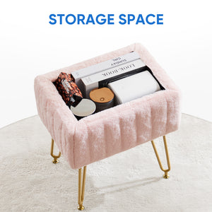 Sweetcrispy Vanity Stool Chair with 4 Metal Legs Anti-Slip Adjustable Feet, Faux Fur Seat, Storage Space
