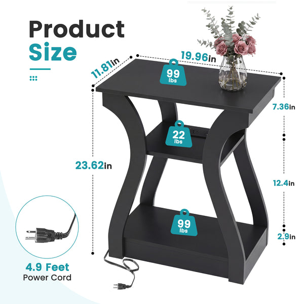 Sweetcrispy 3-Tier End Table with Charging Station for Living Room & Bedroom