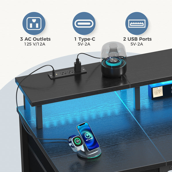 Sweetcrispy Computer Desk with 4 Drawers, Monitor Stand & LED Lights for Home Office