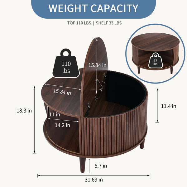 Sweetcrispy Round Flip-Top Coffee Table with Storage, Wood-Look Finish